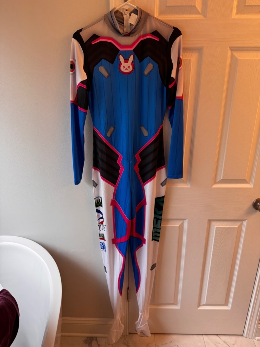 Blue and White D.Va Cosplay Full Body Suit with Pink Accents